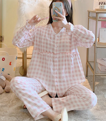 Dvodijelna ljetna trudnička pidžama dugih rukava s volanima