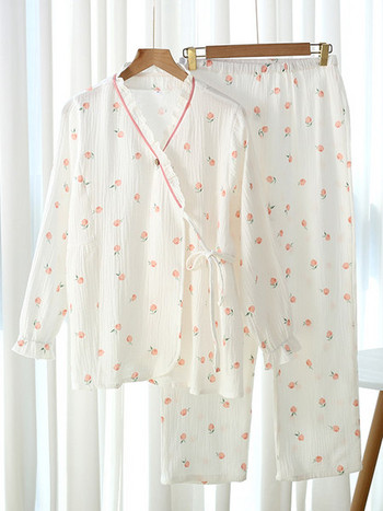 Дамска памучна пижама за бременни с асиметрично закопчаване