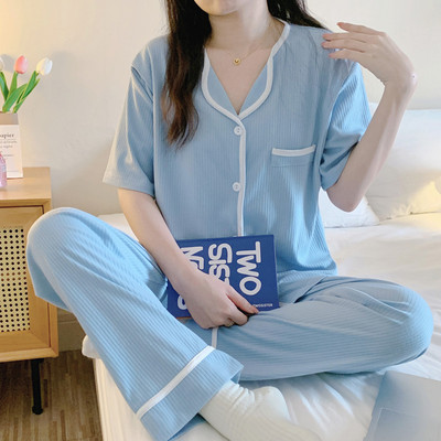 Ženska pamučna trudnička pidžama kratkih rukava s gumbima