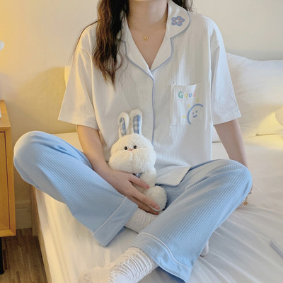 Ženska pamučna trudnička pidžama kratkih rukava s gumbima