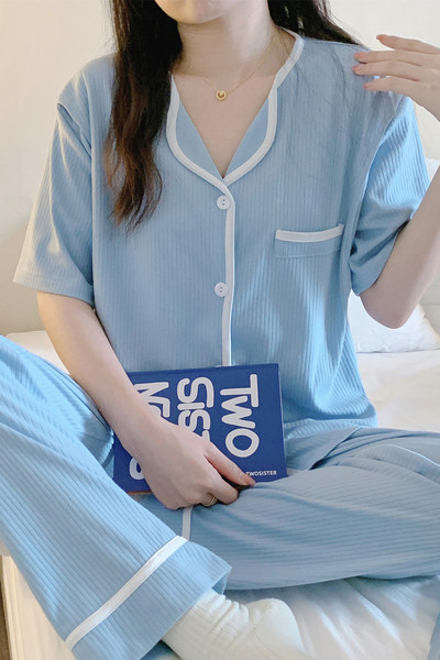 Ženska pamučna trudnička pidžama kratkih rukava s gumbima