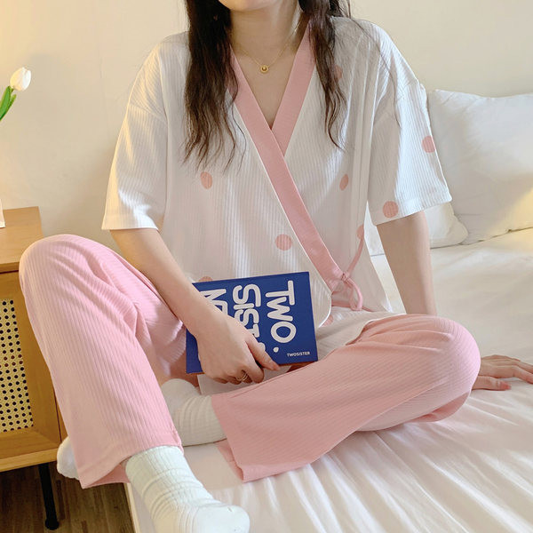 Ženska pamučna trudnička pidžama kratkih rukava s gumbima