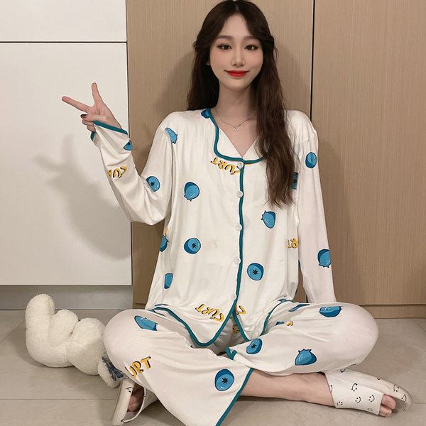 Pamučna trudnička pidžama s ovratnikom i gumbima