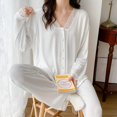 Pamučna čipkasta pidžama dugih rukava