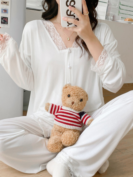 Pamučna čipkasta pidžama dugih rukava