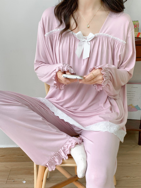 Pamučna čipkasta pidžama dugih rukava