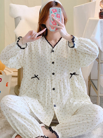 Памучна разкроена пижама с къдри подходяща за бременни
