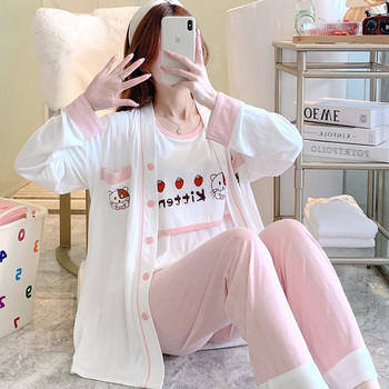 Комплект от три части - памучна пижама и халат подходящ за бременни