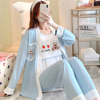 Комплект от три части - памучна пижама и халат подходящ за бременни