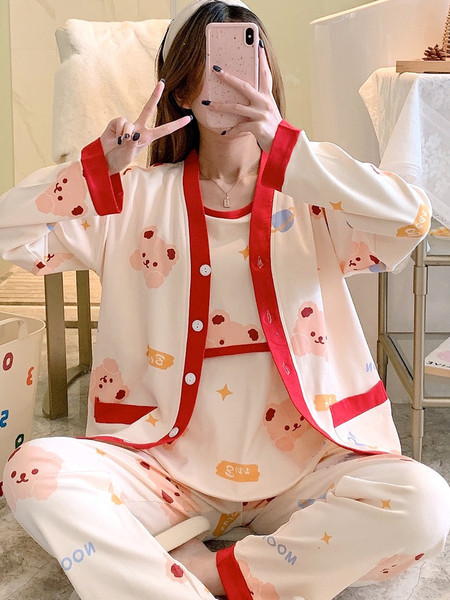 Βαμβακερό σετ  σε τρία μέρη - πιτζάμες και μπουρνούζι κατάλληλο για εγκύους