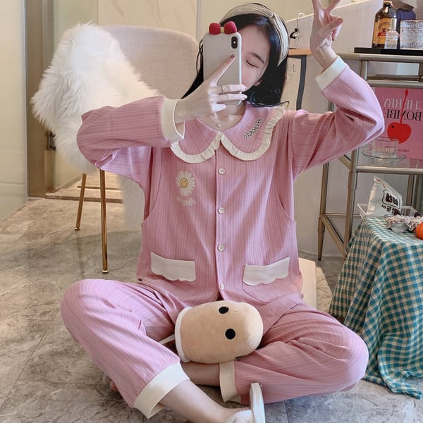 Γυναικείες βαμβακερές πιτζάμες εγκυμοσύνης με γιακά και κουμπιά