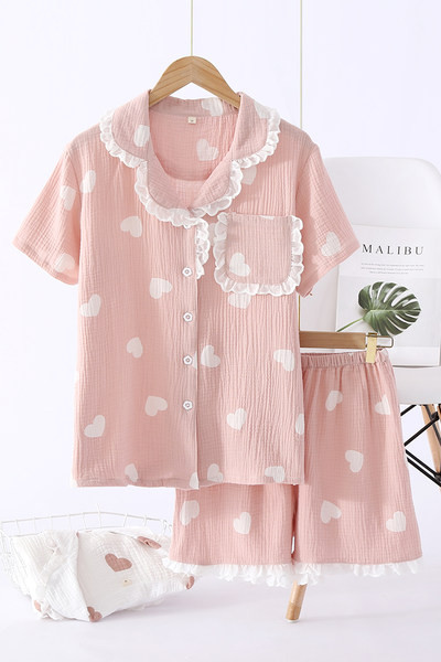 Ljetna pamučna pidžama s čipkom i gumbima
