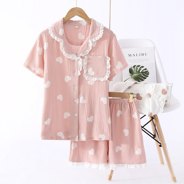 Ljetna pamučna pidžama s čipkom i gumbima