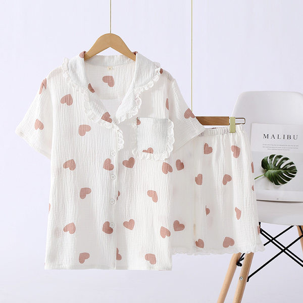 Ljetna pamučna pidžama s čipkom i gumbima