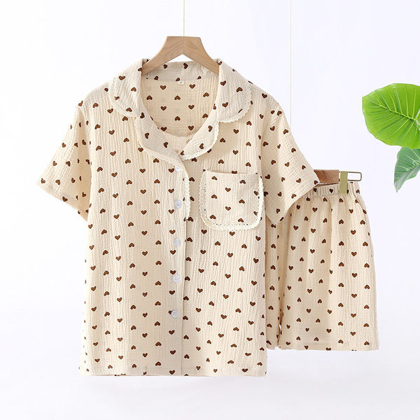 Ljetna pamučna pidžama s čipkom i gumbima