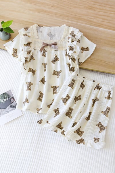 Vasarinė moteriška pižama su nėriniais - palaidine ir šortais