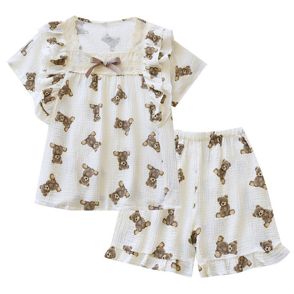 Vasarinė moteriška pižama su nėriniais - palaidine ir šortais