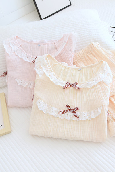 Нов модел дамска пижама от две части с дълъг ръкав и панделка 