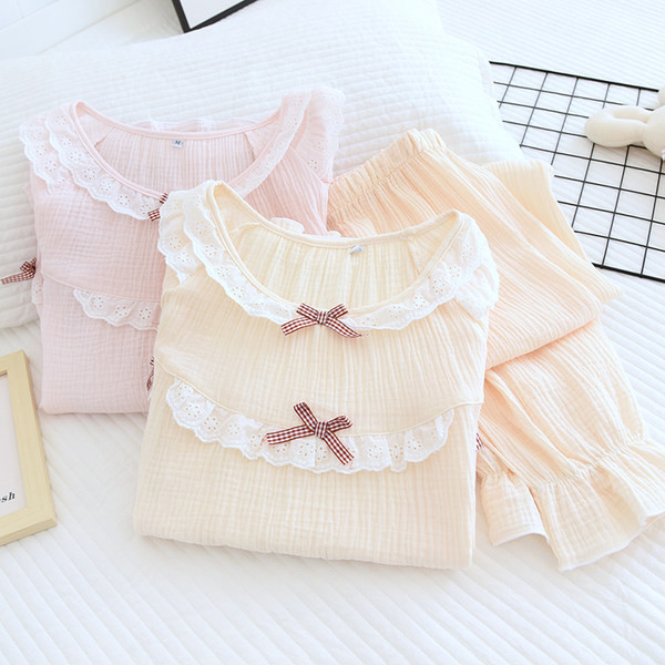 Нов модел дамска пижама от две части с дълъг ръкав и панделка 