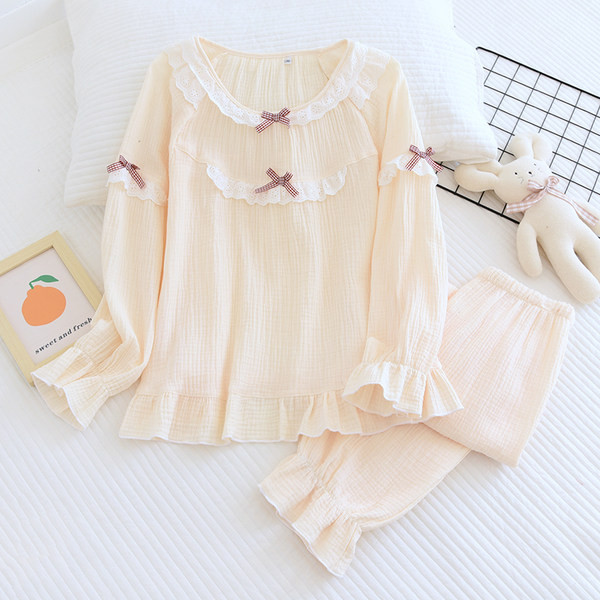 Нов модел дамска пижама от две части с дълъг ръкав и панделка 