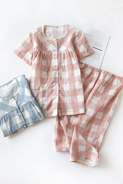 Ženska dvodijelna pamučna karirana pidžama kratkih rukava