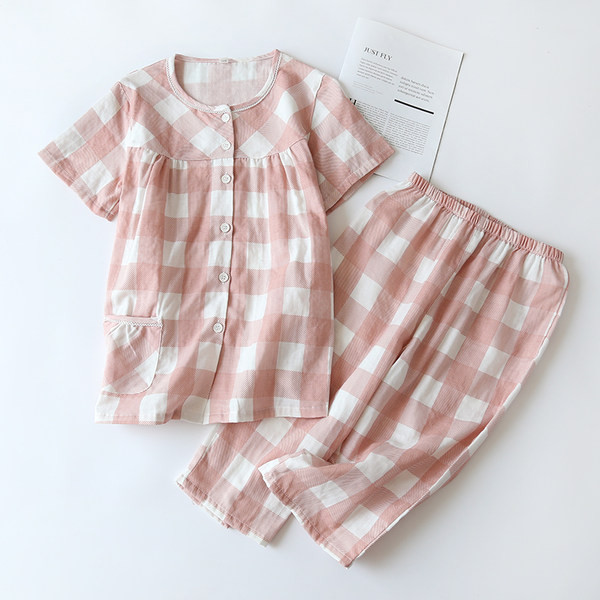 Ženska dvodijelna pamučna karirana pidžama kratkih rukava