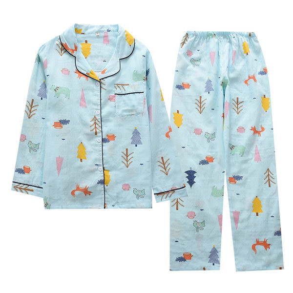 Цветна дамска пижама с копчета и джоб -две части