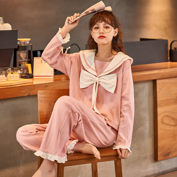 Pamučna pidžama s dugim rukavima i trakom