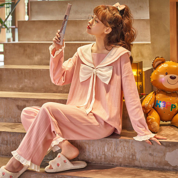 Pamučna pidžama s dugim rukavima i trakom