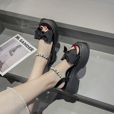 Нов модел дамски сандали с панделка или перли -бял и черен цвят