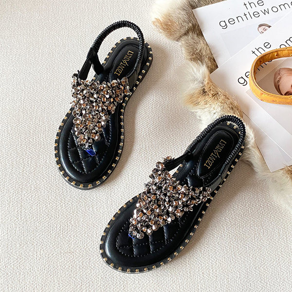 Ženske ležerne sandale sa kamenčićima - crno-bijele boje