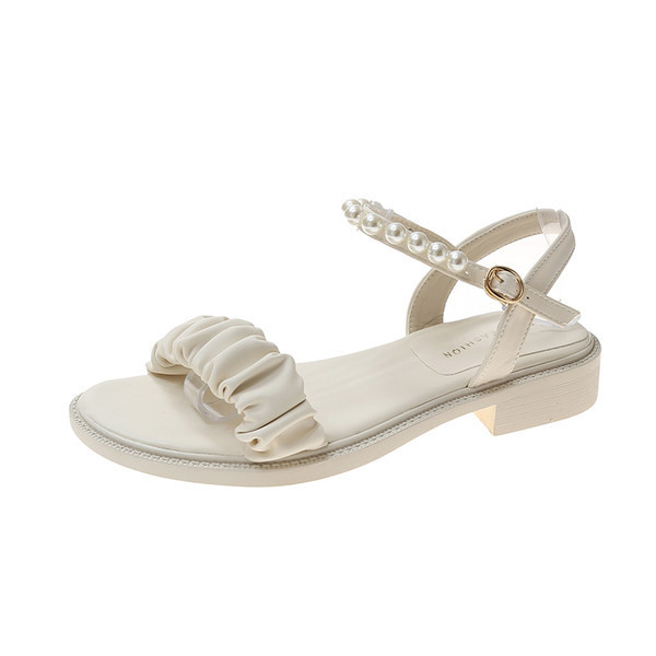 Γυναικεία πέδιλα από οικολογικό δέρμα με τετράγωνο τακούνι 3cm και πέρλες
