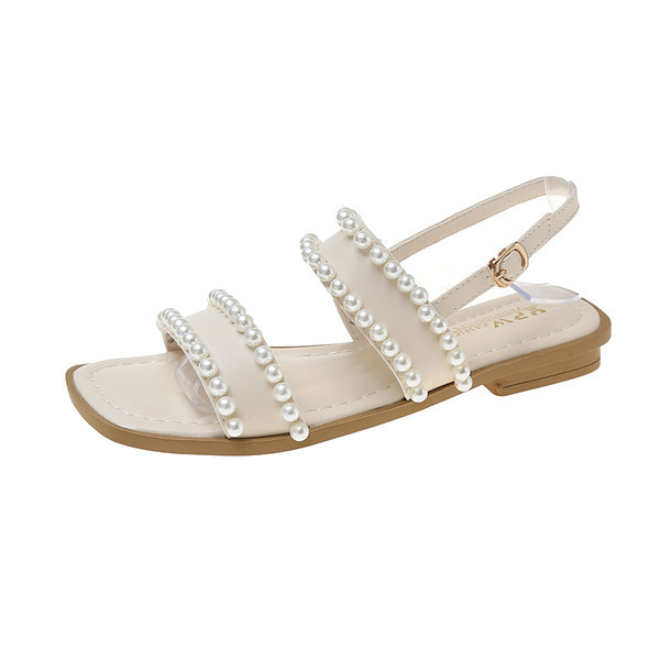 Γυναικεία πέδιλα με λουράκι από δέρμα με πέρλες