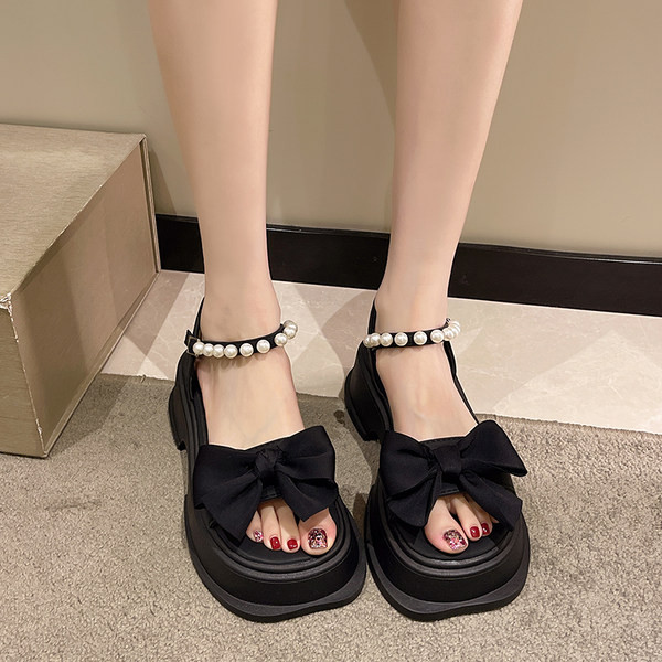 Γυναικεία πέδιλα με χοντρή σόλα 5cm πέρλες και κορδέλα