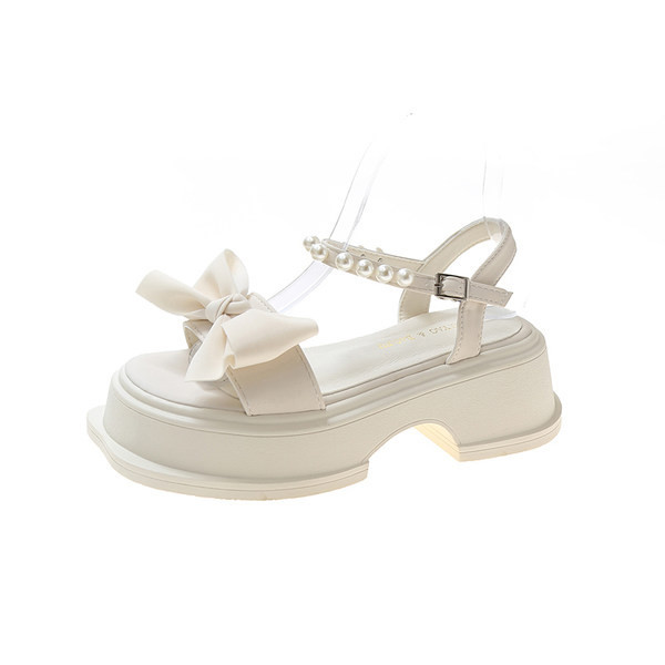 Γυναικεία πέδιλα με χοντρή σόλα 5cm πέρλες και κορδέλα