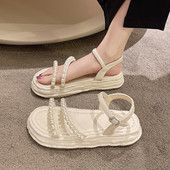 Γυναικεία πέδιλα με πέρλες - λευκό και μαύρο χρώμα