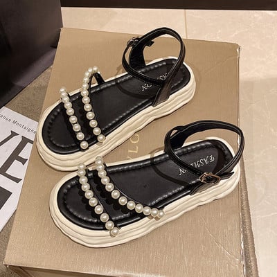 Γυναικεία πέδιλα με πέρλες - λευκό και μαύρο χρώμα
