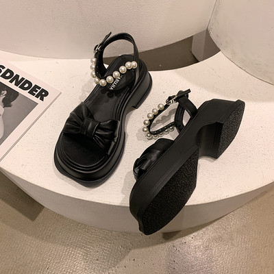 Нов модел дамски сандали с панделка и перли