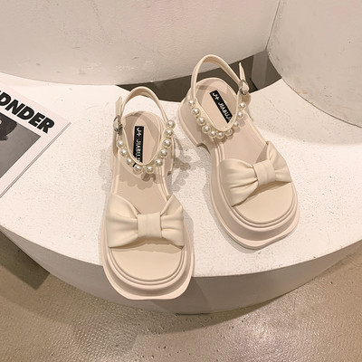 Нов модел дамски сандали с панделка и перли