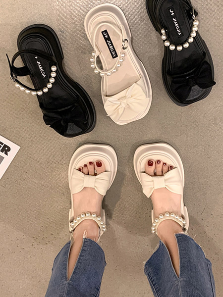 Нов модел дамски сандали с панделка и перли