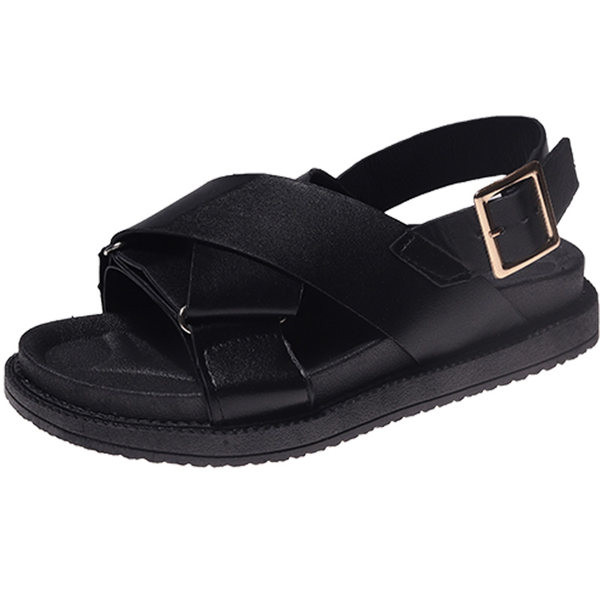 Нов модел дамски кожени сандали с катарама -черен цвят