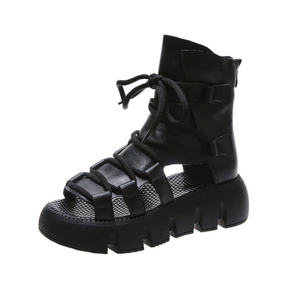 Γυναικεία έκο δερμάτινα σανδάλια με κορδόνια και τραχιά σόλα