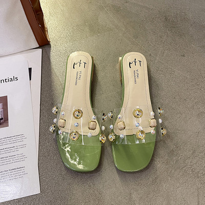 Μοντέρνες γυναικείες παντόφλες με τετράγωνο τακούνι 3cm και διακόσμηση με πέρλες