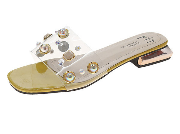 Μοντέρνες γυναικείες παντόφλες με τετράγωνο τακούνι 3cm και διακόσμηση με πέρλες