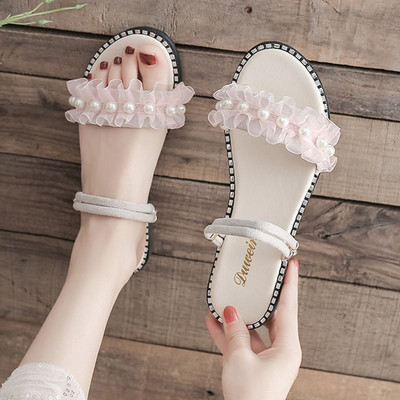 Γυναικείες παντόφλες με τούλι και διακοσμητικές πέρλες