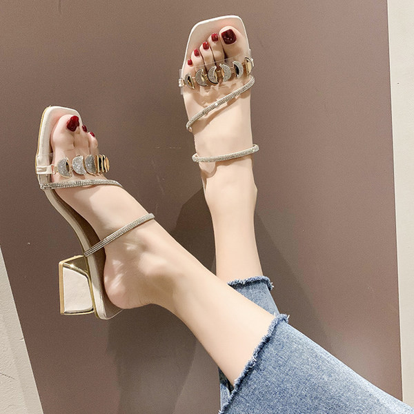 Νέο μοντέλο γυναικείες παντόφλες με πέτρες - τετράγωνο τακούνι 5cm