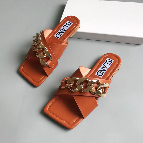 Ženske četvrtaste papuče s metalnim lancem