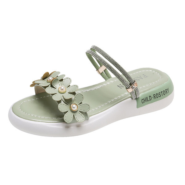 Ženske papuče od eko kože sa ravnim potplatom i perlicama