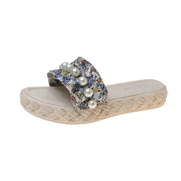 Γυναικείες casual παντόφλες με υφασμάτινες τιράντες και πέρλες