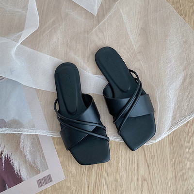 Γυναικείες τετράγωνες έκο δερμάτινες παντόφλες από συνθετική γούνα